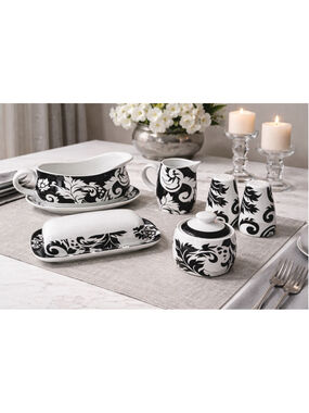 222 Fifth Damask Black White 6 Pc Serve Set Gravy Sugar Creamer Butter